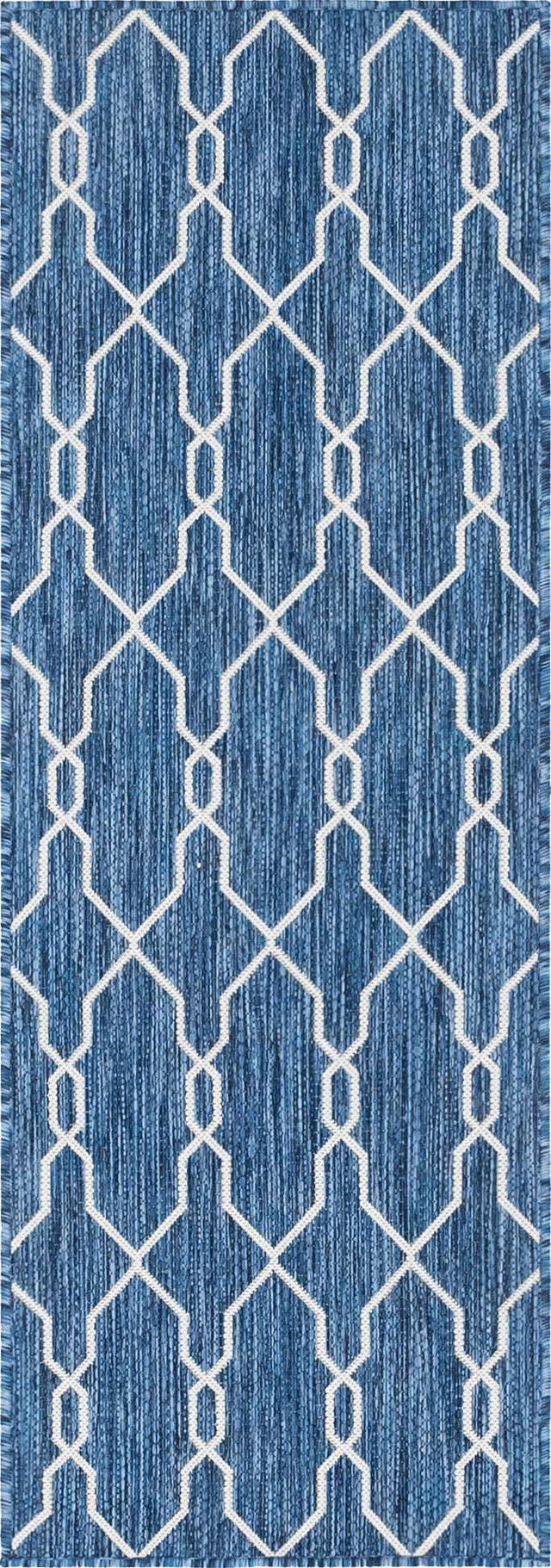 Blue 2' x 6' 1 Outdoor Trellis Runner Area Rug Weather Resistant for Patio, Deck, Terrace, Balcony, Porch Geometric Design Water Safe Outside Carpet for Sale at Rug Engine