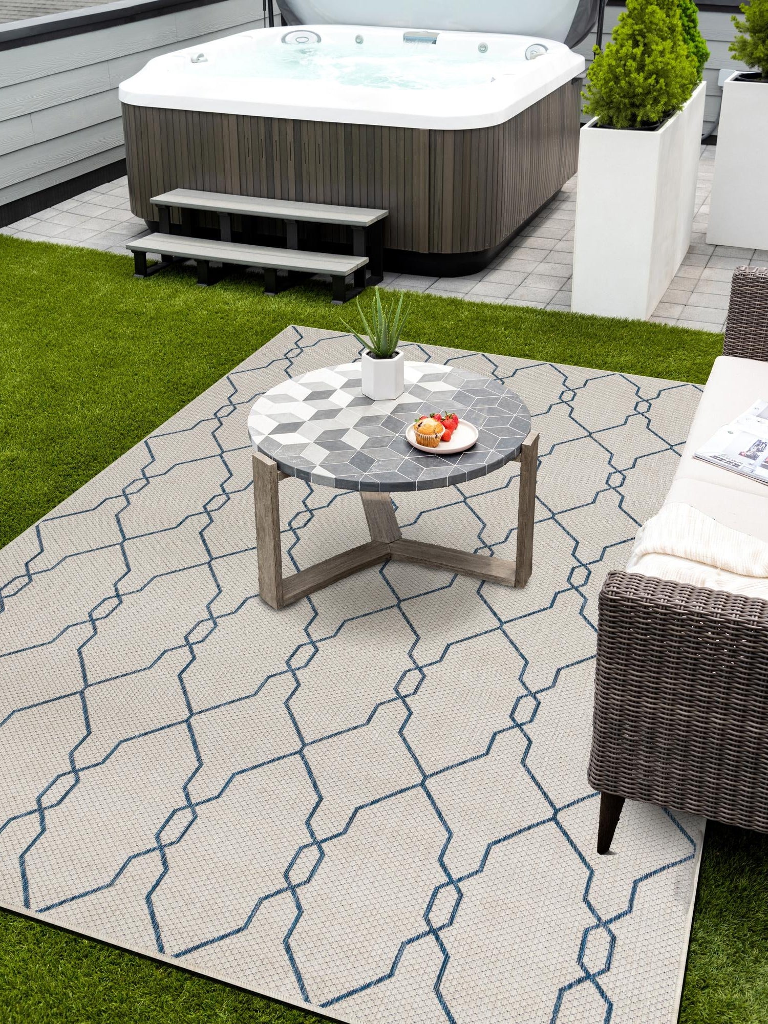 Ivory 4' 1 x 6' 1 Outdoor Trellis Rectangle Area Rug Weather Resistant for Patio, Deck, Terrace, Balcony, Porch Geometric Design Water Safe Outside Carpet for Sale at Rug Engine