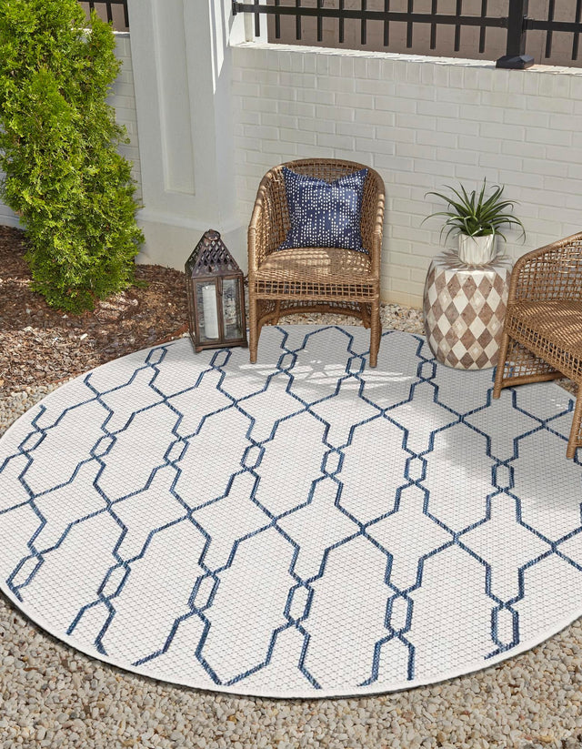 Ivory 4' 1 x 4' 1 Outdoor Trellis Round Area Rug Weather Resistant for Patio, Deck, Terrace, Balcony, Porch Geometric Design Water Safe Outside Carpet for Sale at Rug Engine