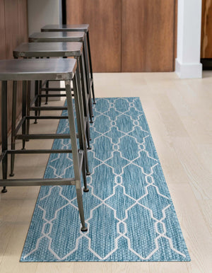 Light Aqua 2' x 6' 1 Outdoor Trellis Runner Area Rug Weather Resistant for Patio, Deck, Terrace, Balcony, Porch Geometric Design Water Safe Outside Carpet for Sale at Rug Engine