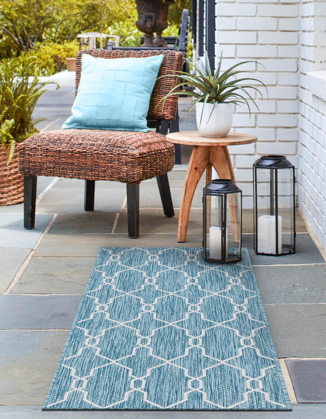 Light Aqua 2' x 6' 1 Outdoor Trellis Runner Area Rug Weather Resistant for Patio, Deck, Terrace, Balcony, Porch Geometric Design Water Safe Outside Carpet for Sale at Rug Engine