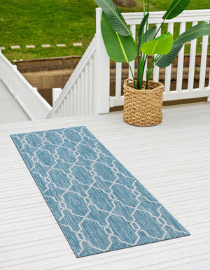 Light Aqua 2' x 6' 1 Outdoor Trellis Runner Area Rug Weather Resistant for Patio, Deck, Terrace, Balcony, Porch Geometric Design Water Safe Outside Carpet for Sale at Rug Engine