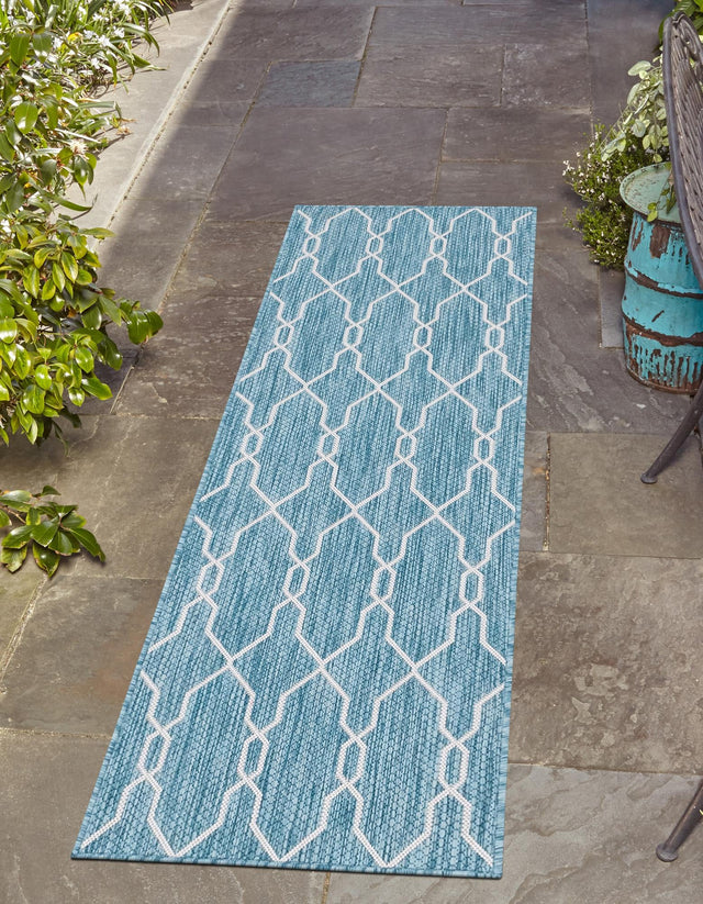 Light Aqua 2' x 6' 1 Outdoor Trellis Runner Area Rug Weather Resistant for Patio, Deck, Terrace, Balcony, Porch Geometric Design Water Safe Outside Carpet for Sale at Rug Engine
