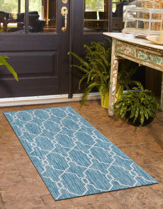 Light Aqua 2' x 6' 1 Outdoor Trellis Runner Area Rug Weather Resistant for Patio, Deck, Terrace, Balcony, Porch Geometric Design Water Safe Outside Carpet for Sale at Rug Engine