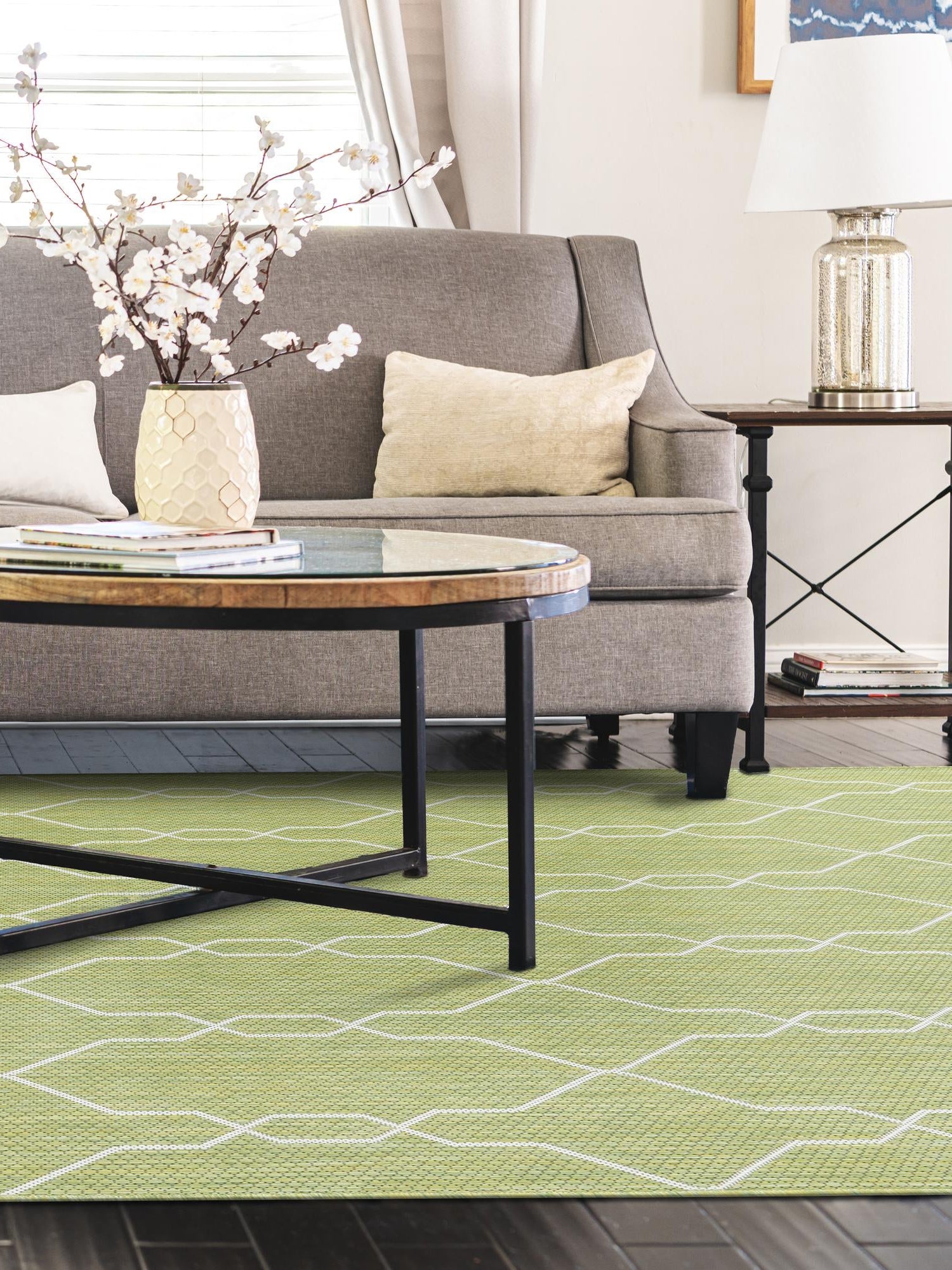 Green 6' 1 x 9' Outdoor Trellis Rectangle Area Rug Weather Resistant for Patio, Deck, Terrace, Balcony, Porch Geometric Design Water Safe Outside Carpet for Sale at Rug Engine