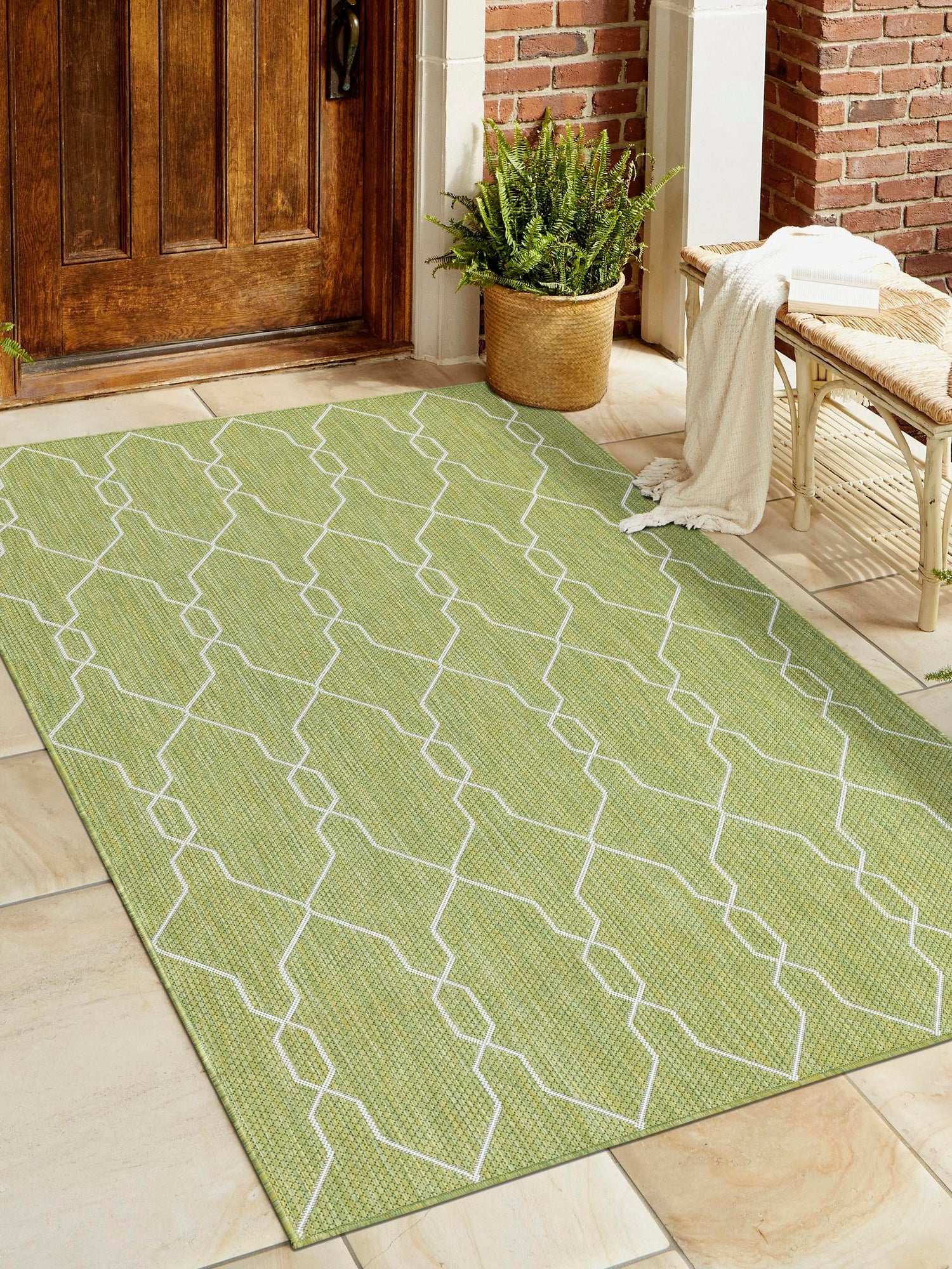 Green 6' 1 x 9' Outdoor Trellis Rectangle Area Rug Weather Resistant for Patio, Deck, Terrace, Balcony, Porch Geometric Design Water Safe Outside Carpet for Sale at Rug Engine