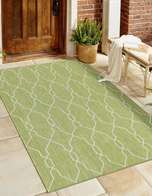 Green 7' 1 x 10' Outdoor Trellis Rectangle Area Rug Weather Resistant for Patio, Deck, Terrace, Balcony, Porch Geometric Design Water Safe Outside Carpet for Sale at Rug Engine