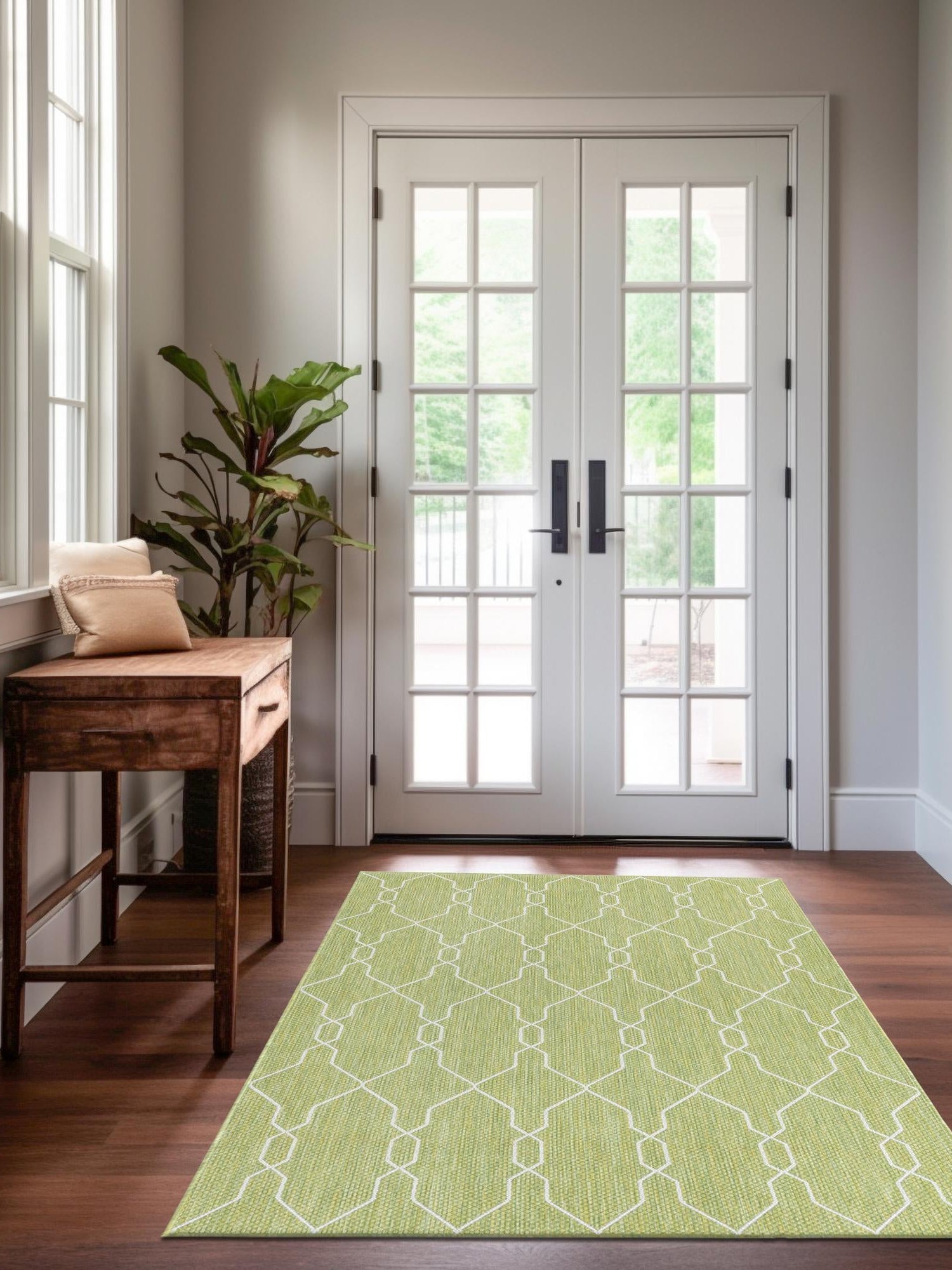 Green 6' 1 x 9' Outdoor Trellis Rectangle Area Rug Weather Resistant for Patio, Deck, Terrace, Balcony, Porch Geometric Design Water Safe Outside Carpet for Sale at Rug Engine