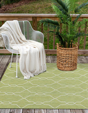 Green 7' 1 x 10' Outdoor Trellis Rectangle Area Rug Weather Resistant for Patio, Deck, Terrace, Balcony, Porch Geometric Design Water Safe Outside Carpet for Sale at Rug Engine