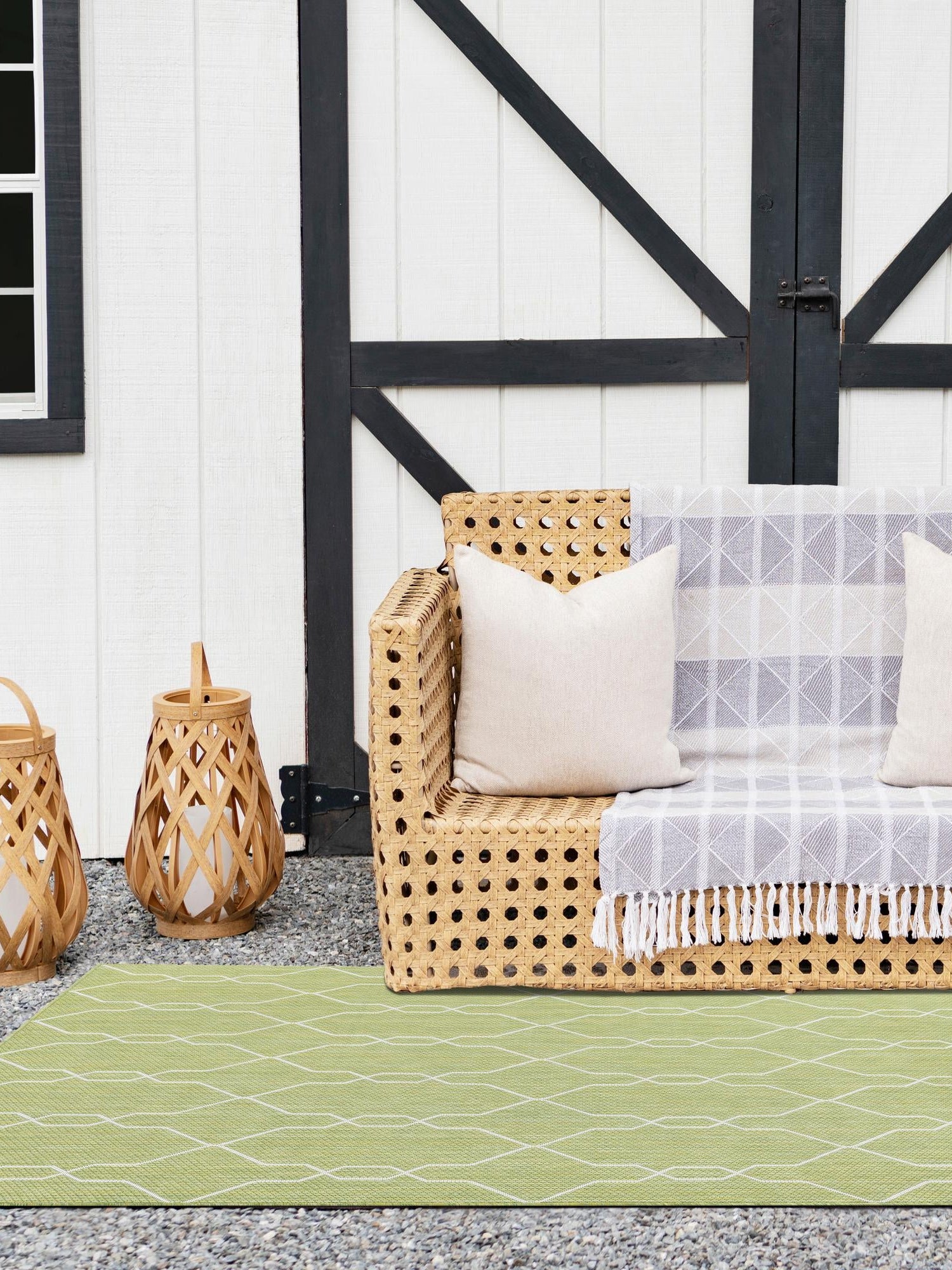 Green 6' 1 x 9' Outdoor Trellis Rectangle Area Rug Weather Resistant for Patio, Deck, Terrace, Balcony, Porch Geometric Design Water Safe Outside Carpet for Sale at Rug Engine