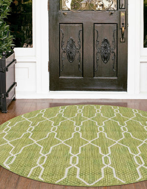 Green 4' 1 x 4' 1 Outdoor Trellis Round Area Rug Weather Resistant for Patio, Deck, Terrace, Balcony, Porch Geometric Design Water Safe Outside Carpet for Sale at Rug Engine