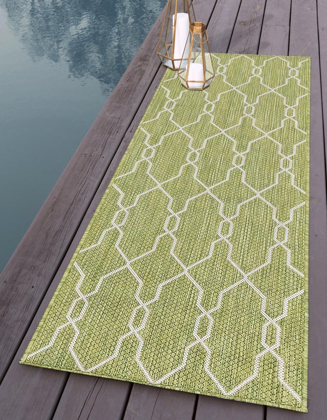 Green 2' x 6' 1 Outdoor Trellis Runner Area Rug Weather Resistant for Patio, Deck, Terrace, Balcony, Porch Geometric Design Water Safe Outside Carpet for Sale at Rug Engine