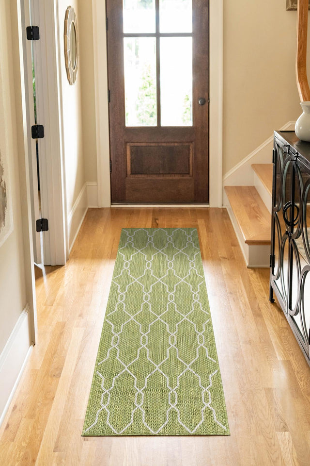 Green 2' x 6' 1 Outdoor Trellis Runner Area Rug Weather Resistant for Patio, Deck, Terrace, Balcony, Porch Geometric Design Water Safe Outside Carpet for Sale at Rug Engine