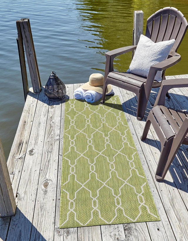 Green 2' x 6' 1 Outdoor Trellis Runner Area Rug Weather Resistant for Patio, Deck, Terrace, Balcony, Porch Geometric Design Water Safe Outside Carpet for Sale at Rug Engine