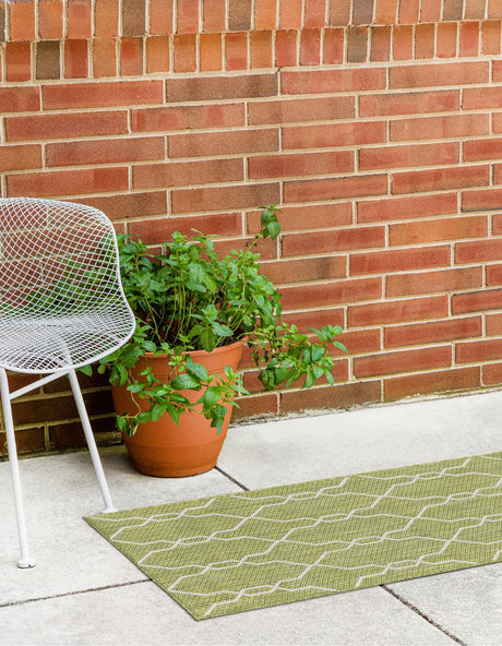 Green 2' x 6' 1 Outdoor Trellis Runner Area Rug Weather Resistant for Patio, Deck, Terrace, Balcony, Porch Geometric Design Water Safe Outside Carpet for Sale at Rug Engine