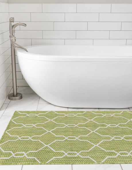 Green 2' x 6' 1 Outdoor Trellis Runner Area Rug Weather Resistant for Patio, Deck, Terrace, Balcony, Porch Geometric Design Water Safe Outside Carpet for Sale at Rug Engine