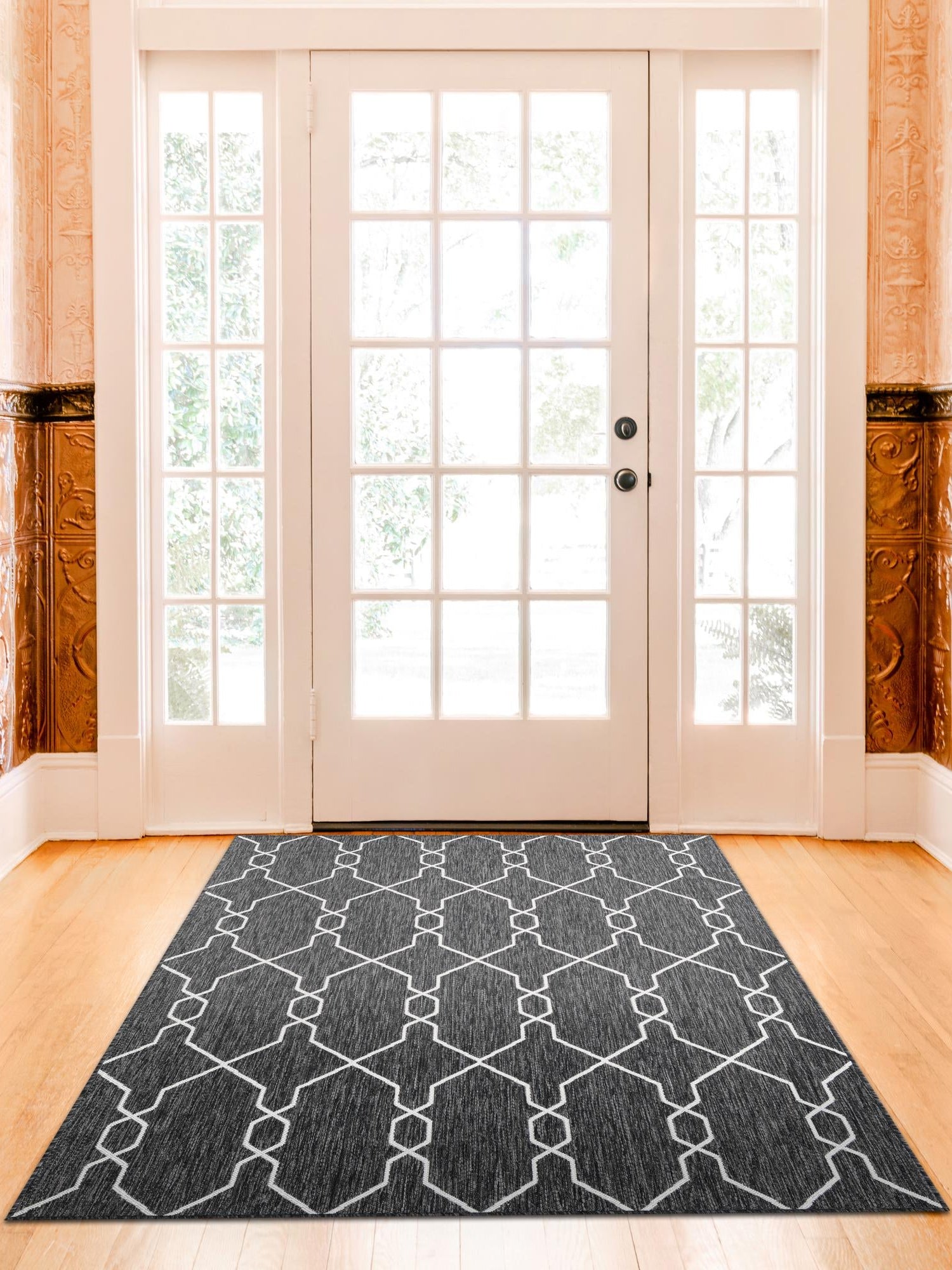Charcoal 7' 1 x 10' Outdoor Trellis Rectangle Area Rug Weather Resistant for Patio, Deck, Terrace, Balcony, Porch Geometric Design Water Safe Outside Carpet for Sale at Rug Engine