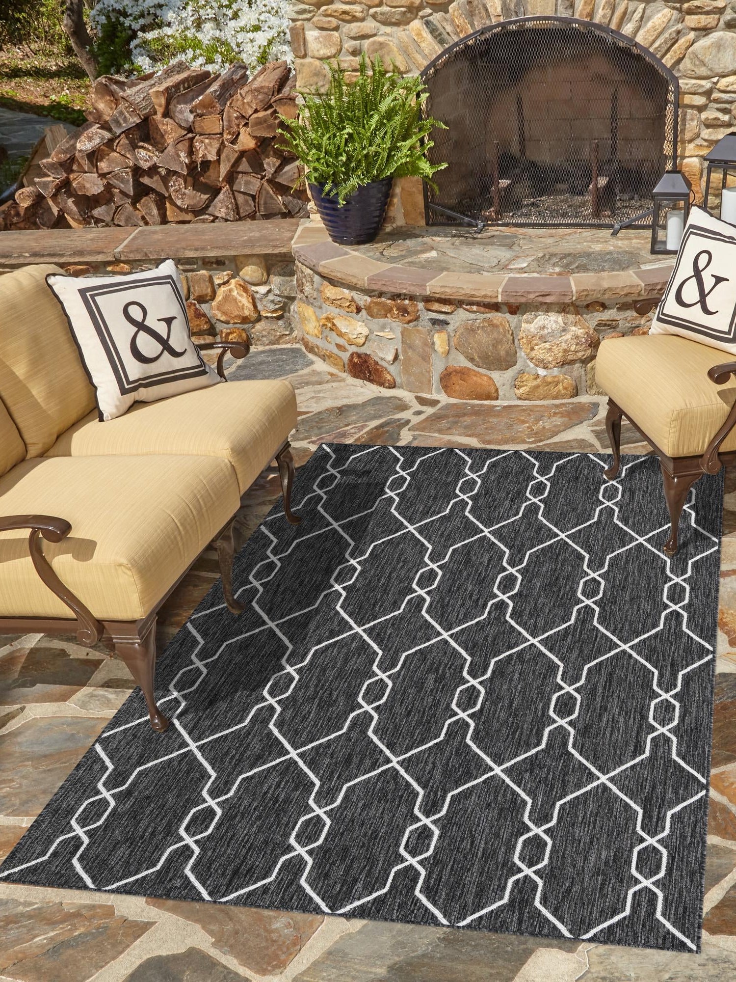 Charcoal 6' 1 x 9' Outdoor Trellis Rectangle Area Rug Weather Resistant for Patio, Deck, Terrace, Balcony, Porch Geometric Design Water Safe Outside Carpet for Sale at Rug Engine