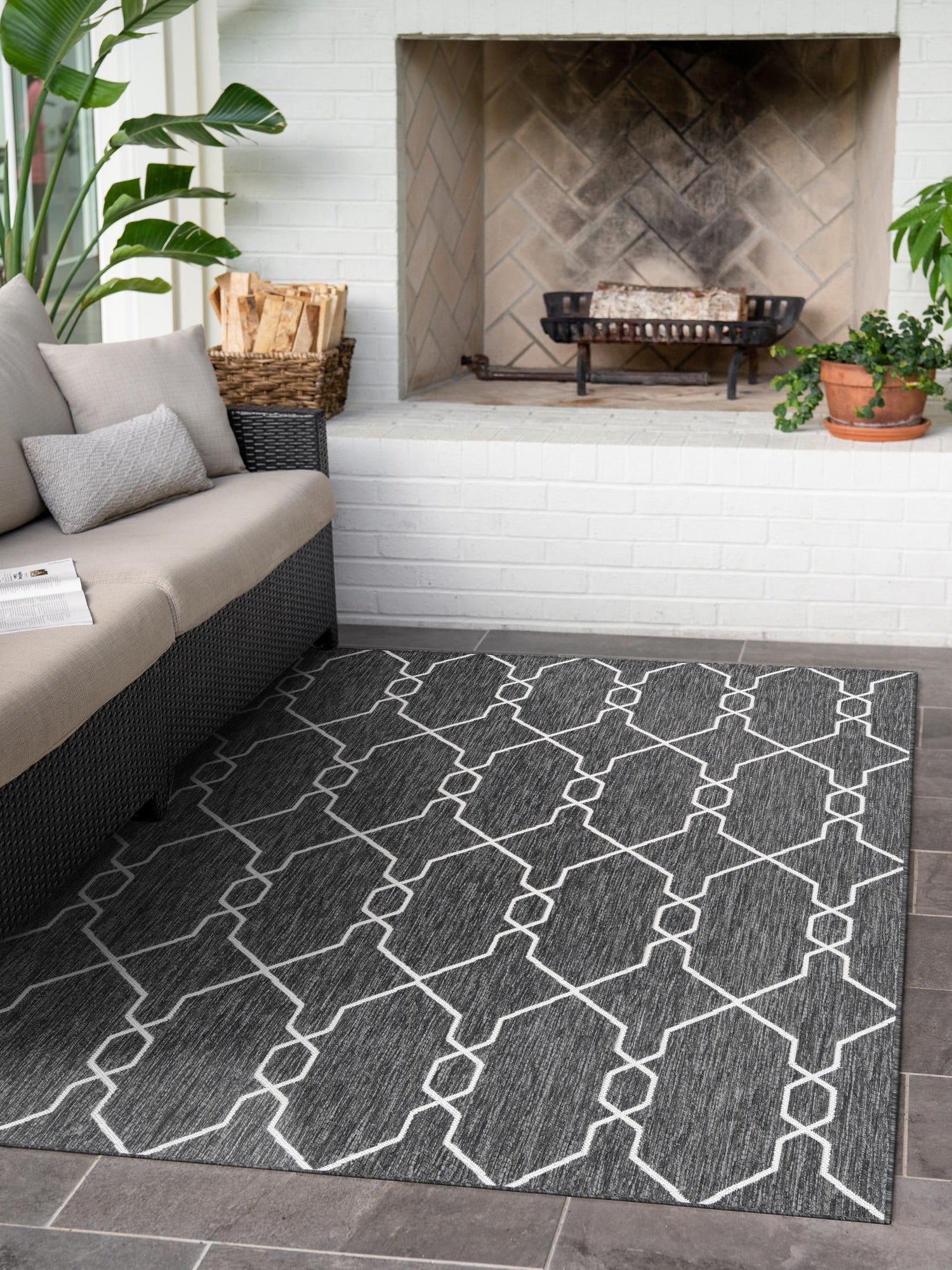 Charcoal 6' 1 x 9' Outdoor Trellis Rectangle Area Rug Weather Resistant for Patio, Deck, Terrace, Balcony, Porch Geometric Design Water Safe Outside Carpet for Sale at Rug Engine