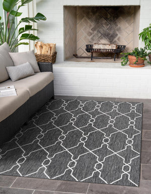 Charcoal 6' 1 x 9' Outdoor Trellis Rectangle Area Rug Weather Resistant for Patio, Deck, Terrace, Balcony, Porch Geometric Design Water Safe Outside Carpet for Sale at Rug Engine