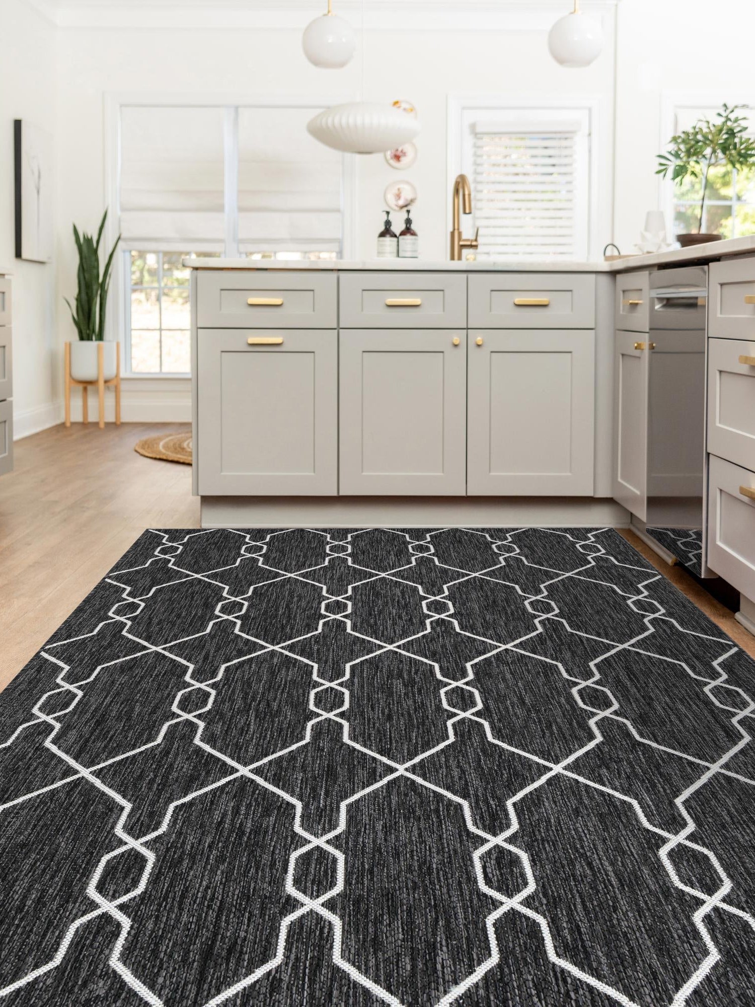 Charcoal 6' 1 x 9' Outdoor Trellis Rectangle Area Rug Weather Resistant for Patio, Deck, Terrace, Balcony, Porch Geometric Design Water Safe Outside Carpet for Sale at Rug Engine