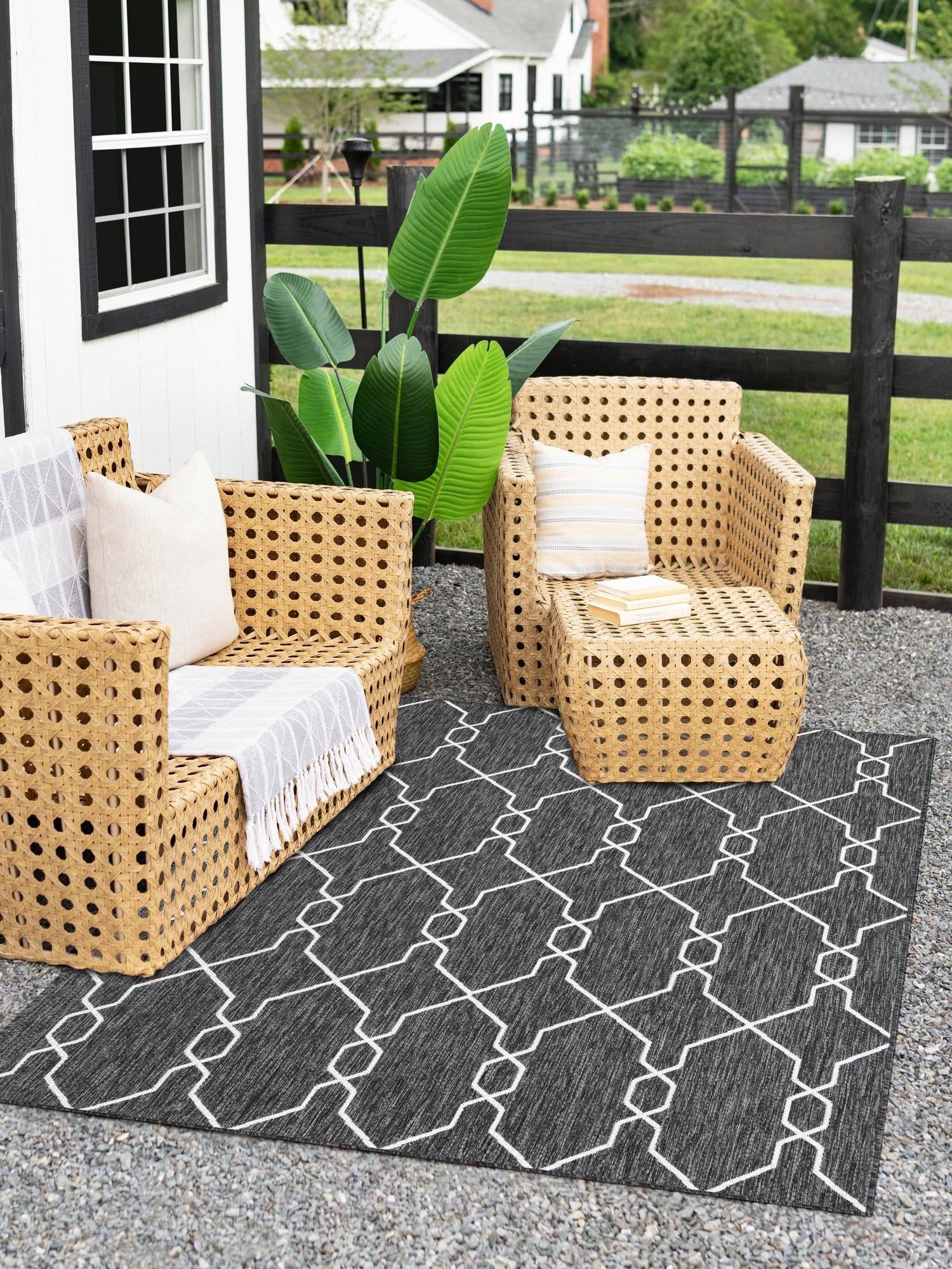 Charcoal 4' 1 x 6' 1 Outdoor Trellis Rectangle Area Rug Weather Resistant for Patio, Deck, Terrace, Balcony, Porch Geometric Design Water Safe Outside Carpet for Sale at Rug Engine
