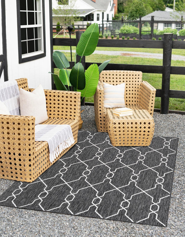 Charcoal 6' 1 x 9' Outdoor Trellis Rectangle Area Rug Weather Resistant for Patio, Deck, Terrace, Balcony, Porch Geometric Design Water Safe Outside Carpet for Sale at Rug Engine