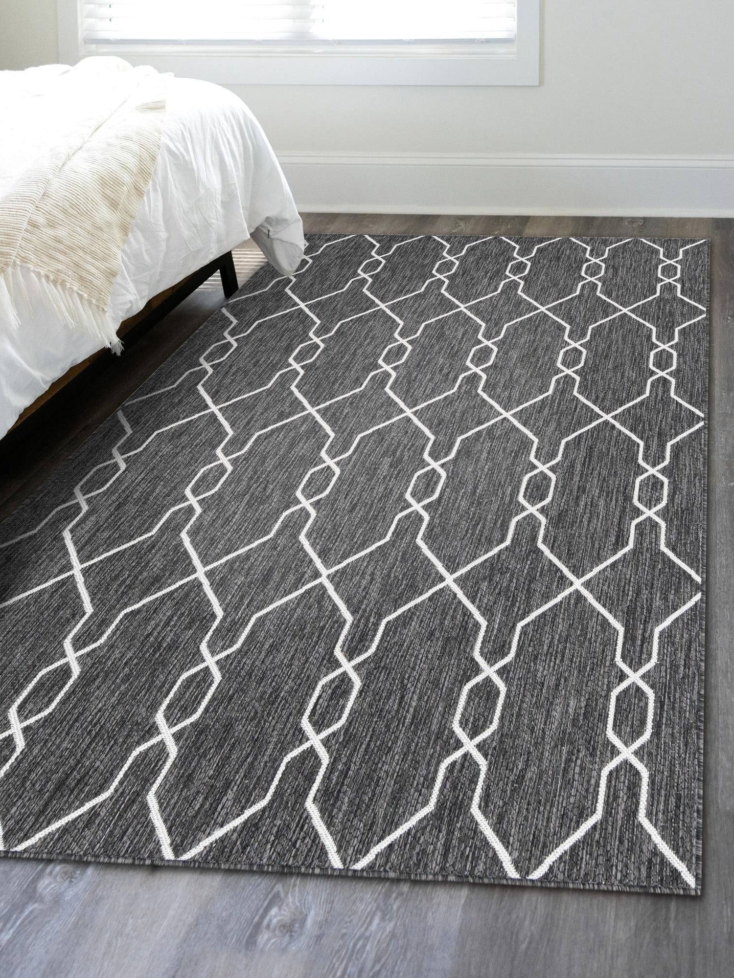 Charcoal 6' 1 x 9' Outdoor Trellis Rectangle Area Rug Weather Resistant for Patio, Deck, Terrace, Balcony, Porch Geometric Design Water Safe Outside Carpet for Sale at Rug Engine