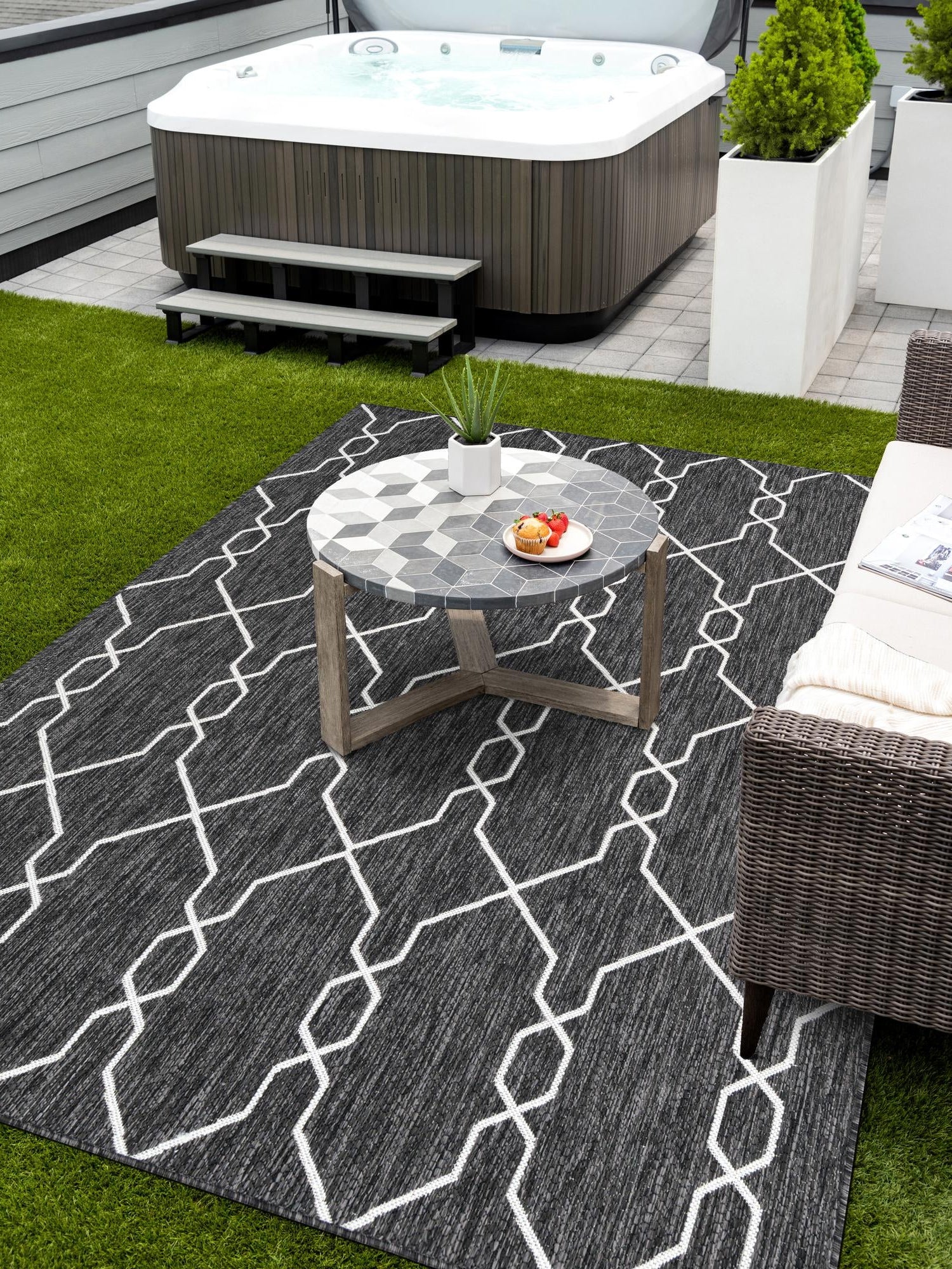Charcoal 6' 1 x 9' Outdoor Trellis Rectangle Area Rug Weather Resistant for Patio, Deck, Terrace, Balcony, Porch Geometric Design Water Safe Outside Carpet for Sale at Rug Engine