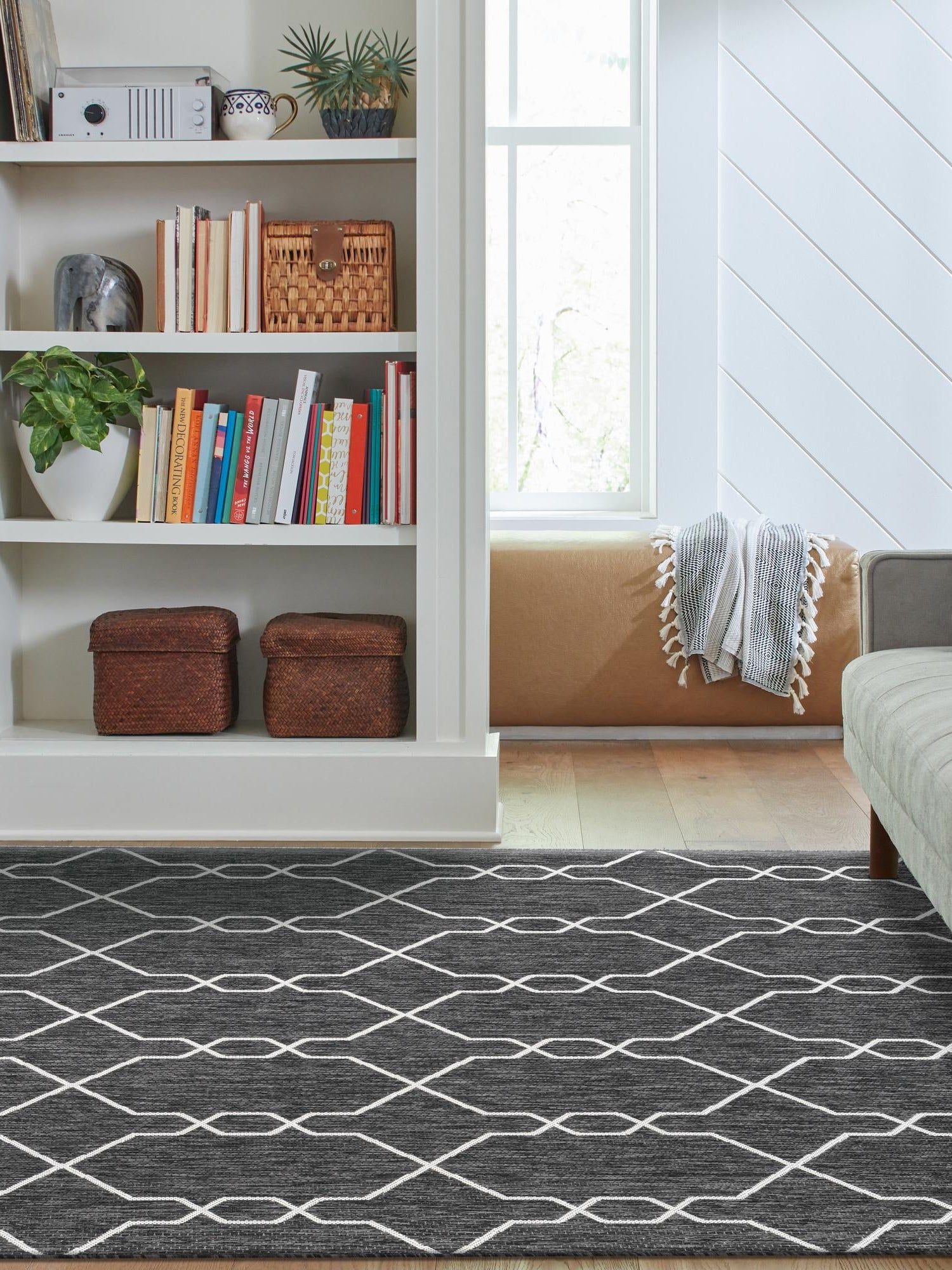 Charcoal 7' 10 x 11' Outdoor Trellis Rectangle Area Rug Weather Resistant for Patio, Deck, Terrace, Balcony, Porch Geometric Design Water Safe Outside Carpet for Sale at Rug Engine