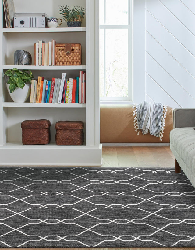 Charcoal 6' 1 x 9' Outdoor Trellis Rectangle Area Rug Weather Resistant for Patio, Deck, Terrace, Balcony, Porch Geometric Design Water Safe Outside Carpet for Sale at Rug Engine