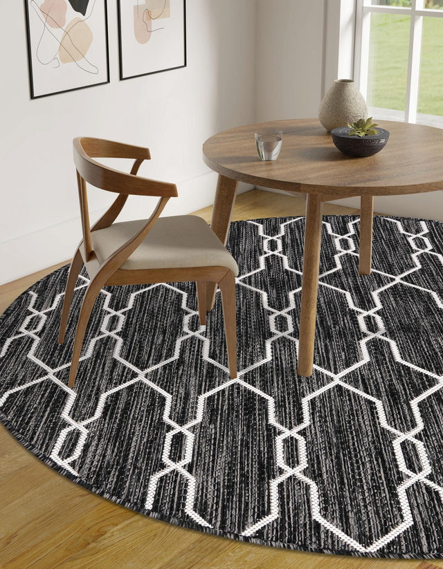 Charcoal 4' 1 x 4' 1 Outdoor Trellis Round Area Rug Weather Resistant for Patio, Deck, Terrace, Balcony, Porch Geometric Design Water Safe Outside Carpet for Sale at Rug Engine