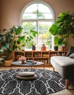 Charcoal 4' 1 x 4' 1 Outdoor Trellis Round Area Rug Weather Resistant for Patio, Deck, Terrace, Balcony, Porch Geometric Design Water Safe Outside Carpet for Sale at Rug Engine