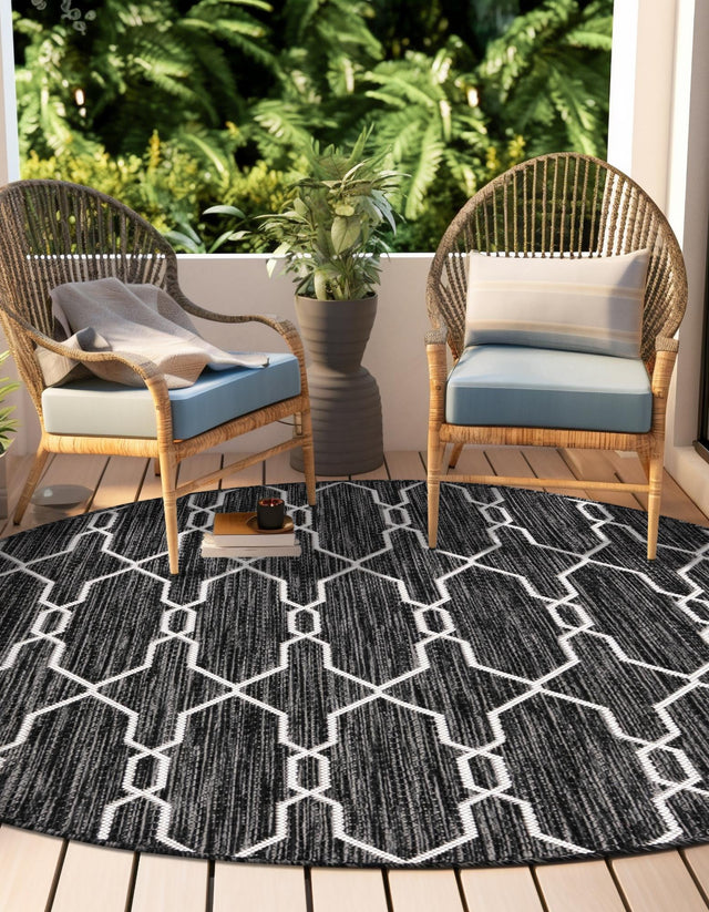 Charcoal 4' 1 x 4' 1 Outdoor Trellis Round Area Rug Weather Resistant for Patio, Deck, Terrace, Balcony, Porch Geometric Design Water Safe Outside Carpet for Sale at Rug Engine