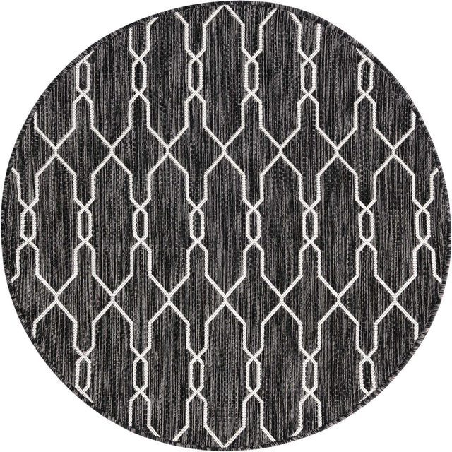 Charcoal 4' 1 x 4' 1 Outdoor Trellis Round Area Rug Weather Resistant for Patio, Deck, Terrace, Balcony, Porch Geometric Design Water Safe Outside Carpet for Sale at Rug Engine