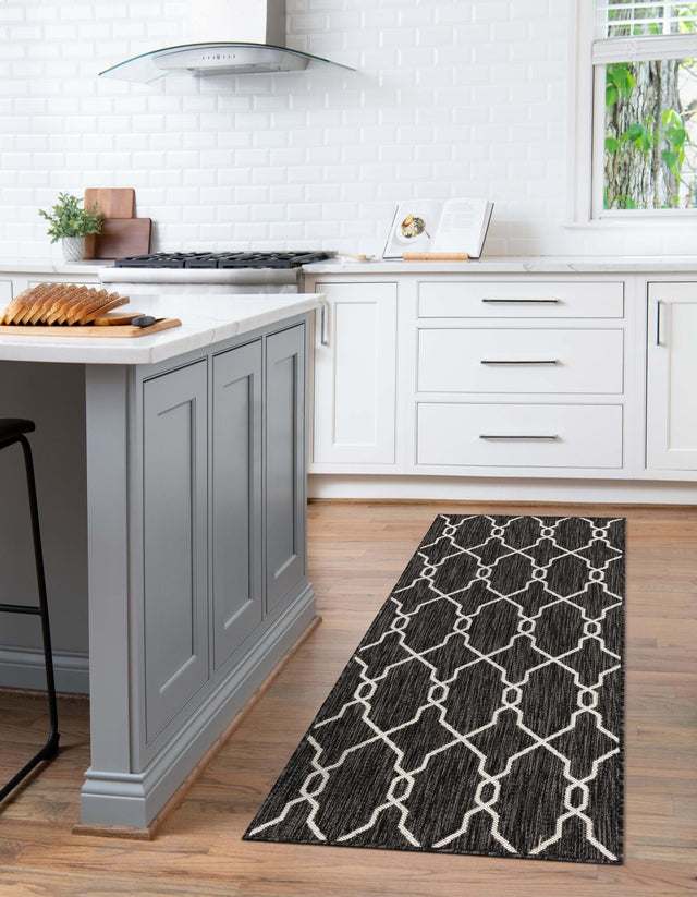 Charcoal 2' x 6' 1 Outdoor Trellis Runner Area Rug Weather Resistant for Patio, Deck, Terrace, Balcony, Porch Geometric Design Water Safe Outside Carpet for Sale at Rug Engine