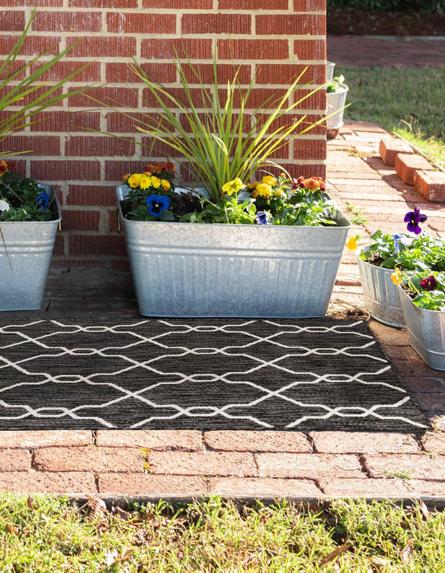 Charcoal 2' x 6' 1 Outdoor Trellis Runner Area Rug Weather Resistant for Patio, Deck, Terrace, Balcony, Porch Geometric Design Water Safe Outside Carpet for Sale at Rug Engine