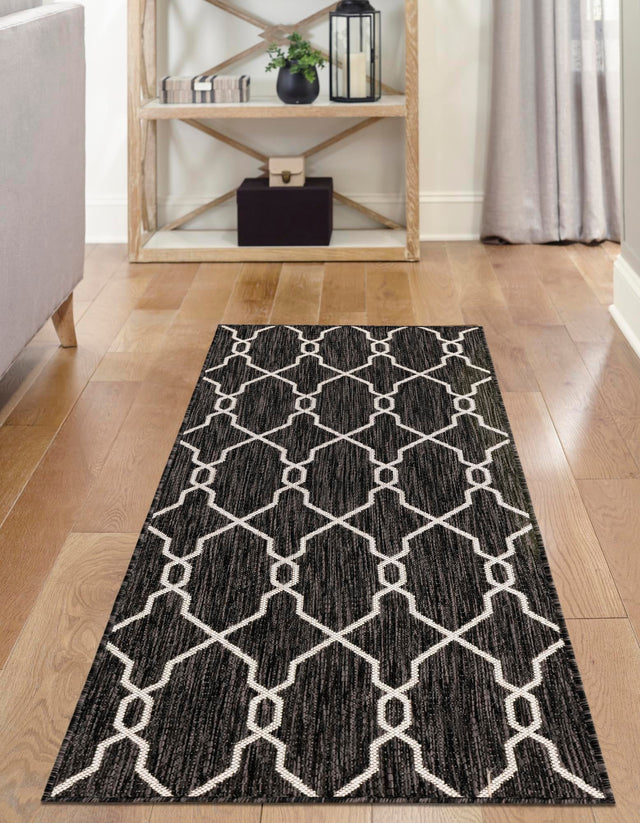 Charcoal 2' x 6' 1 Outdoor Trellis Runner Area Rug Weather Resistant for Patio, Deck, Terrace, Balcony, Porch Geometric Design Water Safe Outside Carpet for Sale at Rug Engine