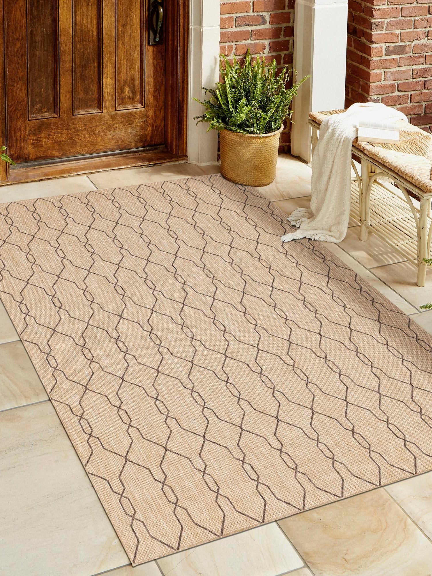 Natural 5' 1 x 8' Outdoor Trellis Rectangle Area Rug Weather Resistant for Patio, Deck, Terrace, Balcony, Porch Geometric Design Water Safe Outside Carpet for Sale at Rug Engine