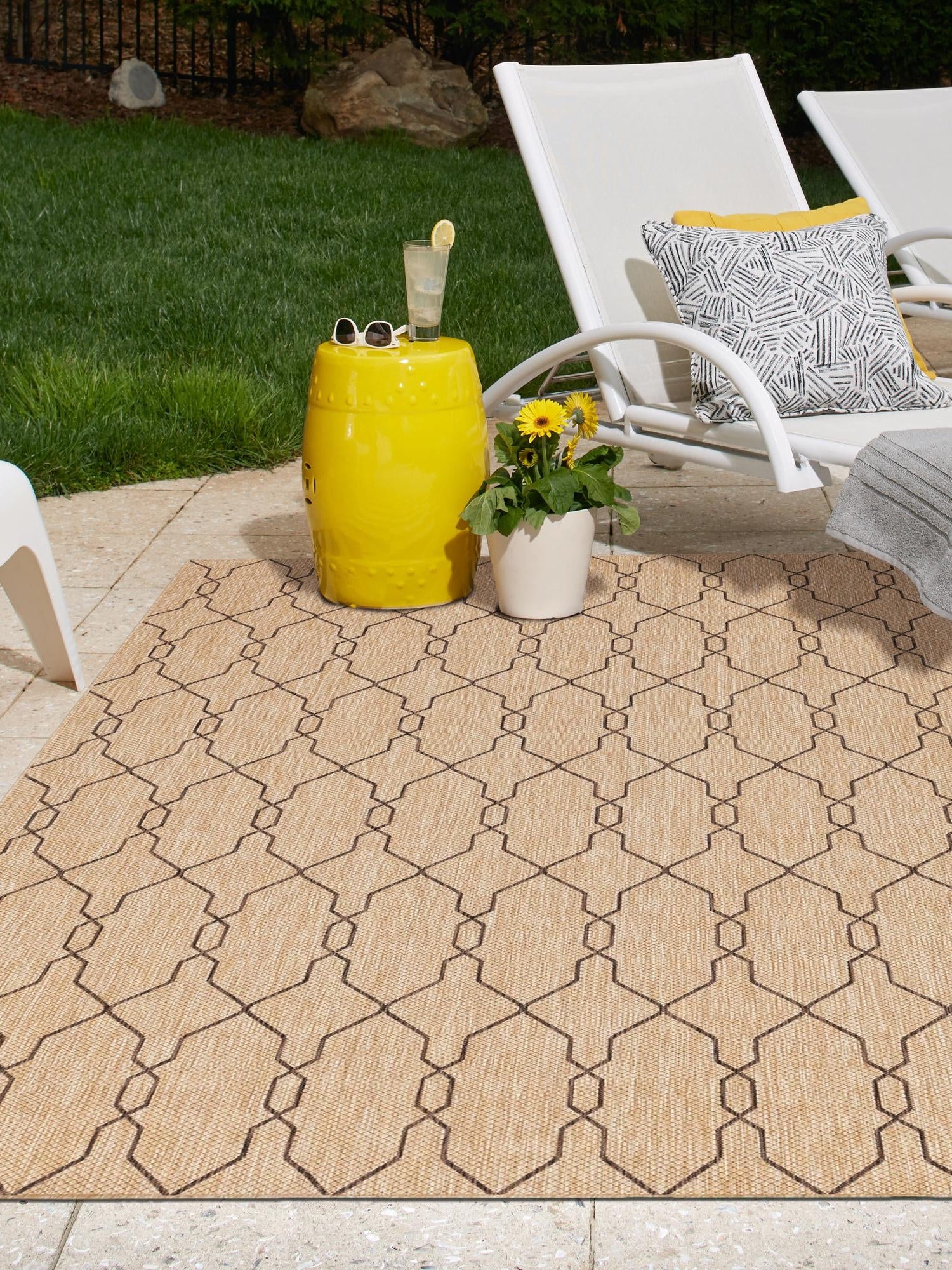 Natural 7' x 10' Outdoor Trellis Rectangle Area Rug Weather Resistant for Patio, Deck, Terrace, Balcony, Porch Geometric Design Water Safe Outside Carpet for Sale at Rug Engine