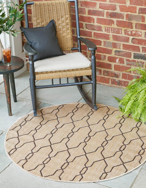 Natural 4' 1 x 4' 1 Outdoor Trellis Round Area Rug Weather Resistant for Patio, Deck, Terrace, Balcony, Porch Geometric Design Water Safe Outside Carpet for Sale at Rug Engine