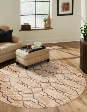 Natural 4' 1 x 4' 1 Outdoor Trellis Round Area Rug Weather Resistant for Patio, Deck, Terrace, Balcony, Porch Geometric Design Water Safe Outside Carpet for Sale at Rug Engine