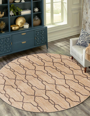 Natural 4' 1 x 4' 1 Outdoor Trellis Round Area Rug Weather Resistant for Patio, Deck, Terrace, Balcony, Porch Geometric Design Water Safe Outside Carpet for Sale at Rug Engine