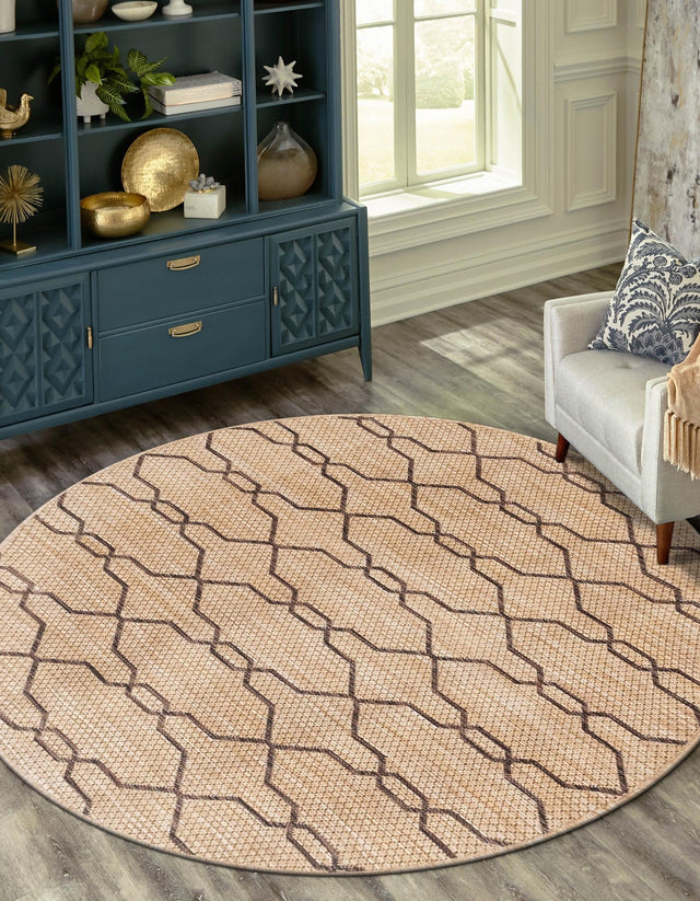 Natural 4' 1 x 4' 1 Outdoor Trellis Round Area Rug Weather Resistant for Patio, Deck, Terrace, Balcony, Porch Geometric Design Water Safe Outside Carpet for Sale at Rug Engine