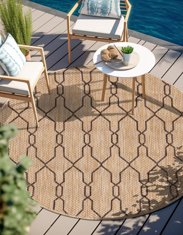 Natural 4' 1 x 4' 1 Outdoor Trellis Round Area Rug Weather Resistant for Patio, Deck, Terrace, Balcony, Porch Geometric Design Water Safe Outside Carpet for Sale at Rug Engine