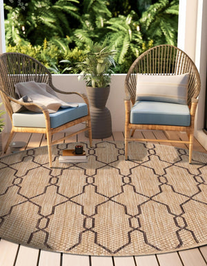 Natural 4' 1 x 4' 1 Outdoor Trellis Round Area Rug Weather Resistant for Patio, Deck, Terrace, Balcony, Porch Geometric Design Water Safe Outside Carpet for Sale at Rug Engine