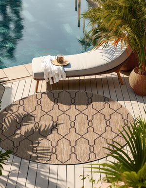 Natural 4' 1 x 4' 1 Outdoor Trellis Round Area Rug Weather Resistant for Patio, Deck, Terrace, Balcony, Porch Geometric Design Water Safe Outside Carpet for Sale at Rug Engine