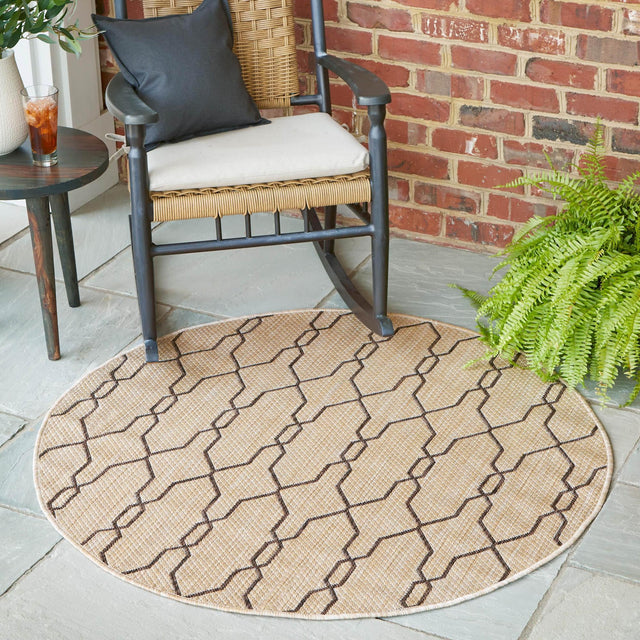 Natural 4' 1 x 4' 1 Outdoor Trellis Round Area Rug Weather Resistant for Patio, Deck, Terrace, Balcony, Porch Geometric Design Water Safe Outside Carpet for Sale at Rug Engine