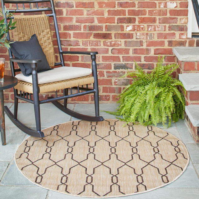 Natural 4' 1 x 4' 1 Outdoor Trellis Round Area Rug Weather Resistant for Patio, Deck, Terrace, Balcony, Porch Geometric Design Water Safe Outside Carpet for Sale at Rug Engine