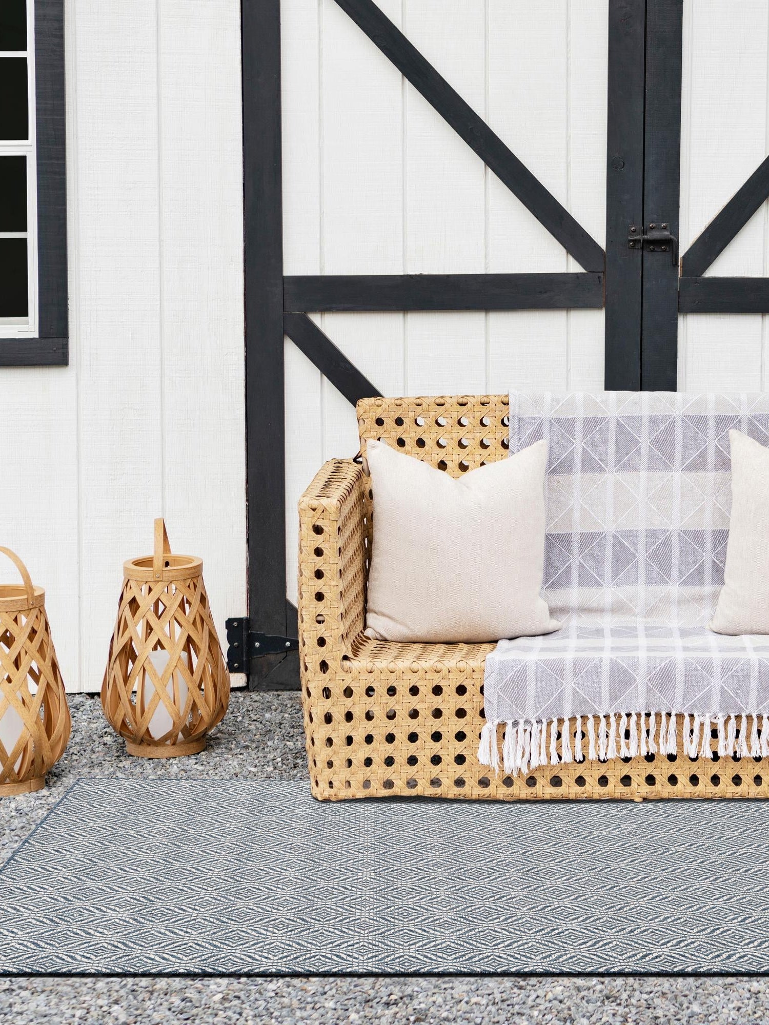 Blue 5' 3 x 8' Outdoor Trellis Rectangle Area Rug Weather Resistant for Patio, Deck, Terrace, Balcony, Porch Geometric Design Water Safe Outside Carpet for Sale at Rug Engine